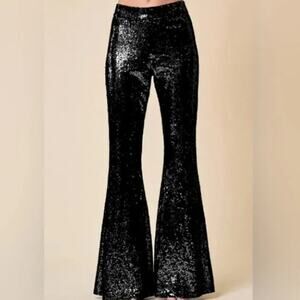 Topshop Black Sequin Bell-Bottom Flare Pants  Size 6 Style 108829195 NWT
